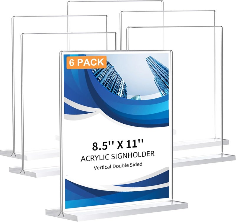 DECOHOBO 6 Pack Acrylic Sign Holder 8.5 x 11, Double-Sided Clear Sign Holder Plastic Stands for Display, T Shape Acrylic Table Sign Stands for Office Store Restaurants Wedding Party Decoration - Image 1